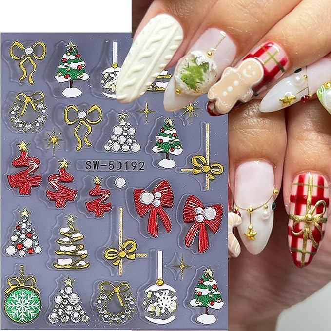 2 Sheets Christmas Nail Stickers for Nail Art Gold Snowflake Ball Nail Art Stickers Embossed Snow Christmas Tree Nail Decals 5D Self-Adhesive New Year Red Bow Xmas Wreath Nail Design Decals for Women