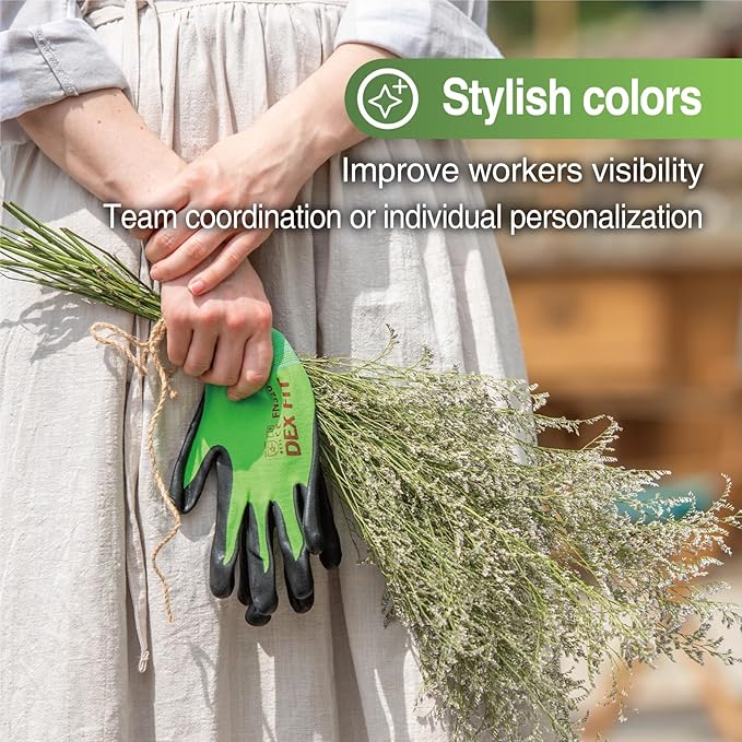 DEX FIT Premium Nylon Nitrile Work Gloves FN320, 3 Pairs, 3D-Comfort Stretchy Fit, Firm Grip, Thin & Lightweight, Durable, Breathable & Cool, Machine Washable; Green 8 (M)