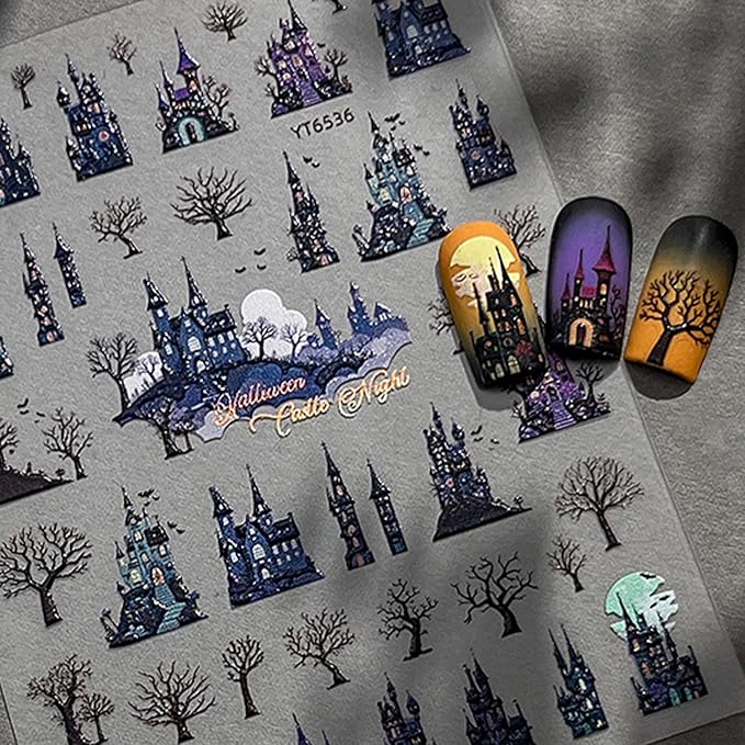 Halloween Nail Stickers for Nail Art - Terror Cabin Nail Art Sticker Halloween 5D Embossed Nail Decals Self-Adhesive Nails Supply Manicure Stickers for Nails Decoration