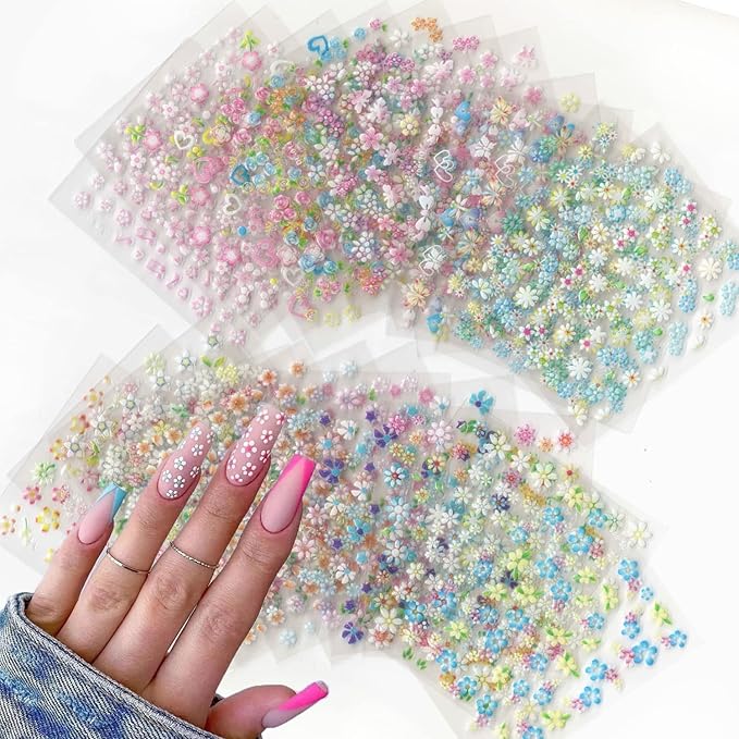 30 Sheets Flower Nail Art Stickers Decals Floral Rose Daisy Cherry Blossoms 3D Self-Adhesive Nail Sticker Spring Summer Colorful Flower Nail Art Decoration Supplies for Women Manicure DIY Accessories