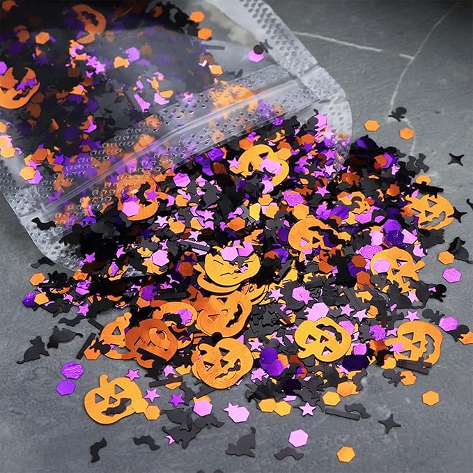 Halloween Pumpkin Nail Glitters Halloween Nail Art Sequins 3D Holographic Glitters Mixed Shape Confetti Skull Ghost Spider Bat Design Nails Glitters for Women Girls Face Body Nail Decoration