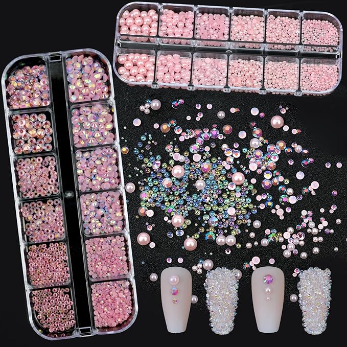 Nail Art Rhinestones Pink Nail Charms Resin Clear Jelly Rhinestones Pearls Glitter Supplies Crystal Gems Bubble Bead Accessories for Women Manicure Decorations Design