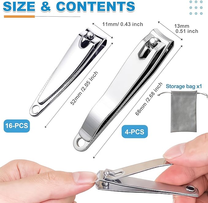 20-Pack Stainless Steel Fingernail Toenail Nail Clippers Bulk Set - 16 Small +4 Medium Size Nail Care Set Toe & Finger Nail Clipper for Men/Women Travel, Homeless Care Supplies