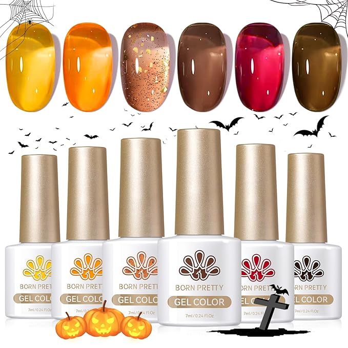 Born Pretty Jelly Gel Nail Polish 6 Colors Fall Winter Translucent Clear Pumpkin Burgundy Wine Red Coral Burnt Orange Grey Amber Brown Gel Polish Sheer Crystal Transparent Halloween Gel Polish Set