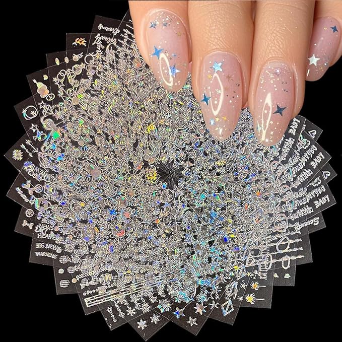 30 Sheets Silver Nail Stickers Aurora Nail Art Stickers 3D Embossed Self Adhesive Nail Decals Holographic Line Letter Nails Design Summer Nail Art Decals for Women Manicure DIY Decoration