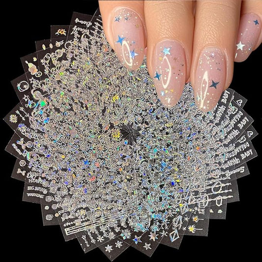 30 Sheets Silver Nail Stickers Aurora Nail Art Stickers 3D Embossed Self Adhesive Nail Decals Holographic Line Letter Nails Design Summer Nail Art Decals for Women Manicure DIY Decoration