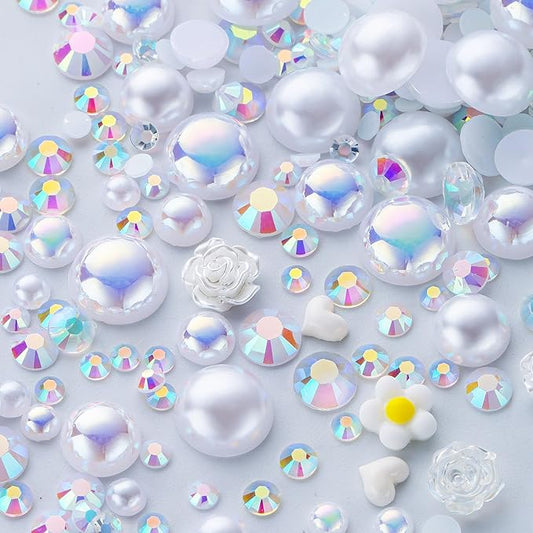 160g White Flat Back Pearls Rhinestones for Crafts Mixed Size 3mm-10mm AB Color Round Half Pearls Flatback Pearl Beads and Resin Rhinestones Set for Face Art