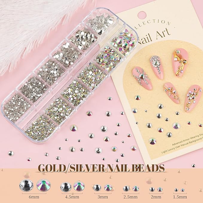 2 Boxes Sparkling Rhinestones and Pearls Kit for Acrylic Nails, 1.5-6mm Flatback Crystal AB Clear Gemstones 1.5-5mm Gold/Silver Nail Pearls for Women DIY Manicure Crafts (11-S2-Glass)