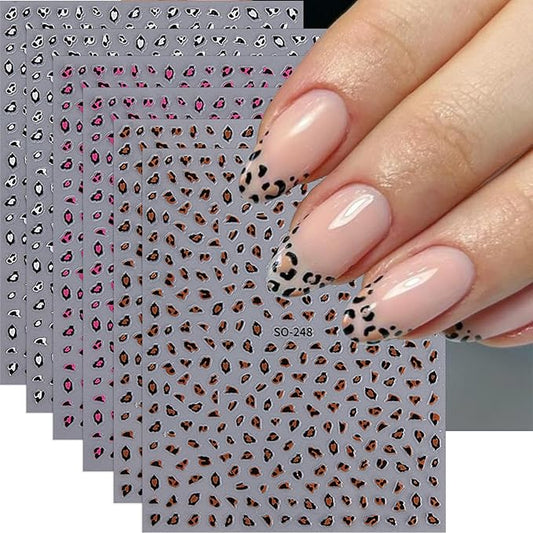Leopard Nail Stickers Fall Nail Decals 6PCS 3D Self-Adhesive Pink White Brown Leopard Print Nail Design Stickers Cute Autumn Nail Art Supplies Fall Nail Art Sticker for Women DIY Nail Decorations