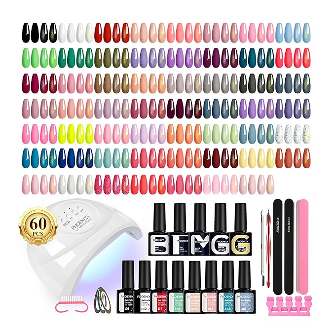 PHOENIXY 71 Pcs Gel Nail Polish Kit with U V Light, 55 Colours Gel Polish with 5 Pcs Base Top Coat Manicure Starter Nail Polish Set Gifts for Women ST9018