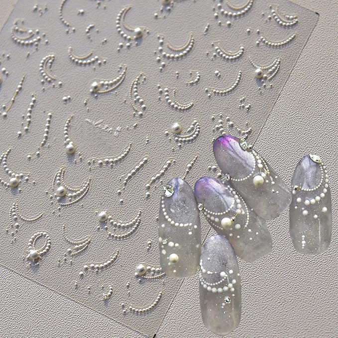 White French Tip Pearl Line Nail Art Stickers 5D Embossed Romantic French Tip Nail Decals for Women Girls Valentine's Nail Art Decoration