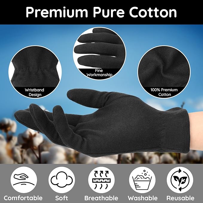 Segbeauty 24 Counts Elastic Black Cotton Gloves for Dry Hands, 12 Pairs Overnight Moisture Lotion Cotton Gloves with Elastic Band for Sleeping Driving Typing, Home Spa Sleep Glove Reusable Soft Glove