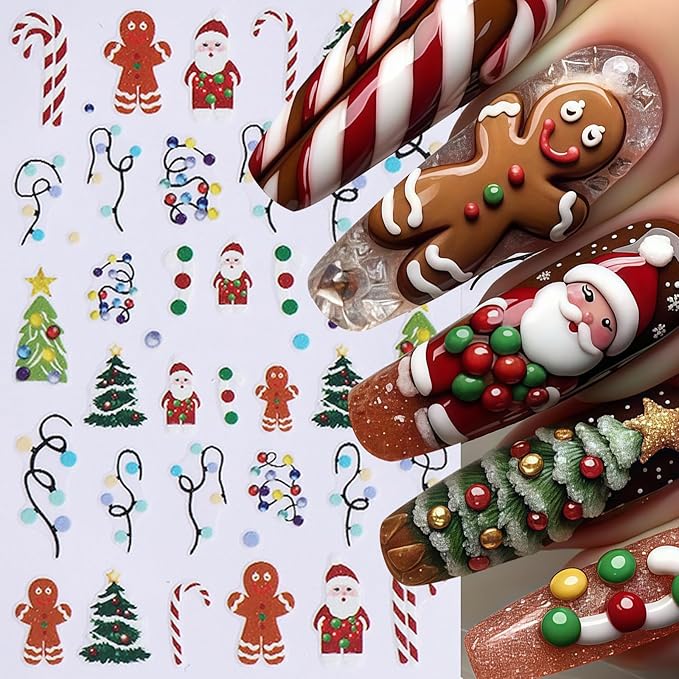 6 Sheets Christmas Nail Art Stickers Gingerbread Man Nail Stickers 3D Christmas Tree Santa Claus Nail Decals Winter Cartoon Christmas Light Design Nail Supplies for Women New Year DIY Manicure Decor
