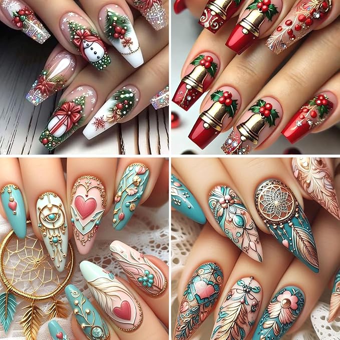 4Sheets Christmas Nail Art Stickers 3D Self-Adhesive Sock Bell Bow Nail Decals for Acrylic Nails Heart Dream Catcher Designs Nail Sticker Glitter Santa Claus Elk Nail Decal for Women DIY Nails Decor
