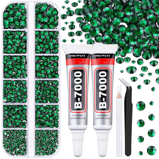 6100Pcs Resin Rhinestones for Crafting with 2Pcs 10ml B7000 Jewelry Glue, 1 Box Flatback Crystals Diamond (Emerald Green) for Bedazzling Crafts DIY Nail Art Non Hotfix Gems for Clothing Shoes
