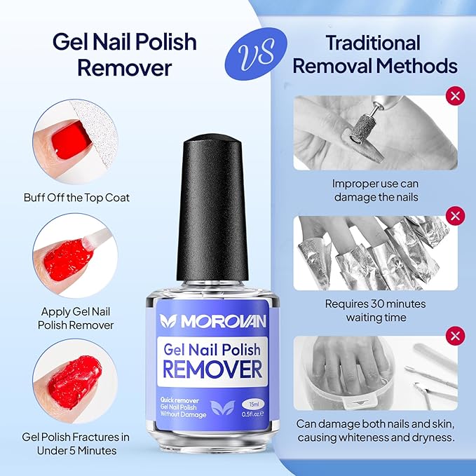 Morovan Gel Nail Polish Remover: Quick & Gentle Gel Removal Natural Formula Portable No Soak or Wrap Needed at Home Travel Friendly