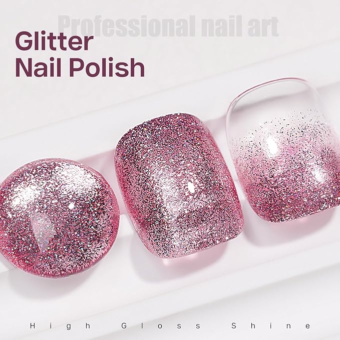 MIZHSE Quick Dry Glitter Pink Nail Polish, Shimmery Nail Polish Air Fast Drying, 15ml High Glossy Sparkly Shiny Nail Lacquer Nail Art Salon Manicure Home