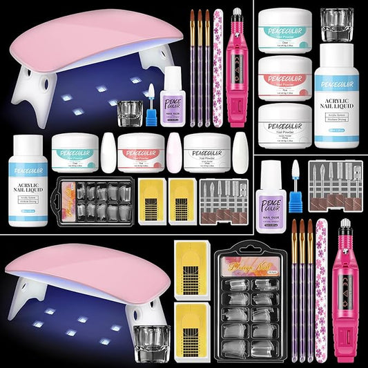 Acrylic Nail Kit with Drill with U V Light Clear/White/Pink Acrylic Powder Professional Nail Kit for Beginner with Everything 100PC Tips Brush Starter DIY Home Salon