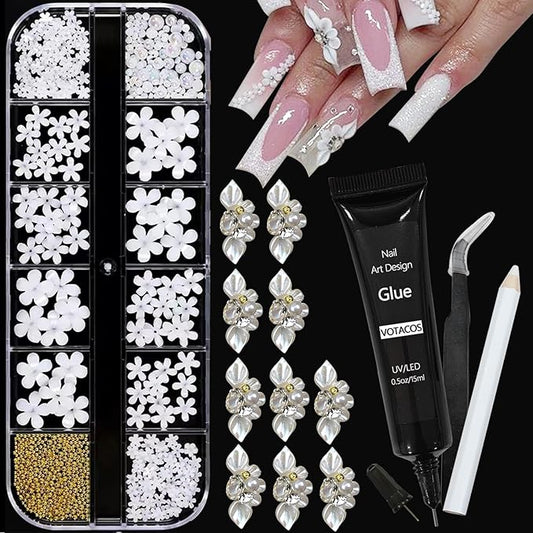 Nail Art Charms with Rhinestones Glue Gel Flatback Pearls Nail Charms Luxurious Nails Supplies Accessories Gold Steel Ball Gems Jewelry Pearls for Women Nails Design