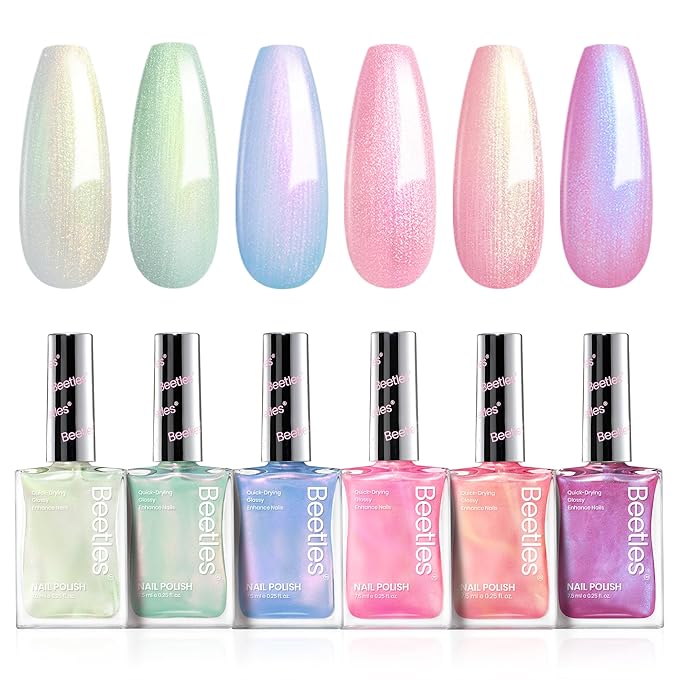 Beetles Pearl Nail Polish Set Mermaid Glow, 6 Colors Shimmer Pearl Pink Purple Quick Dry Nail Polish Long Lasting DIY Manicure Gift for Girls Women Nail Strengthener Polish