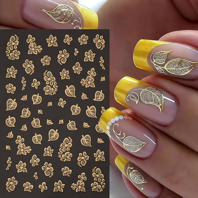 8 Sheets Fall Nail Art Stickers Maple Leaf Nail Decals 3D Self-Adhesive Glitter Gold Flower French Butterfly Nail Design Nail Supplies Thanksgiving Holiday Nail Art Decoration for Women Manicure Tips