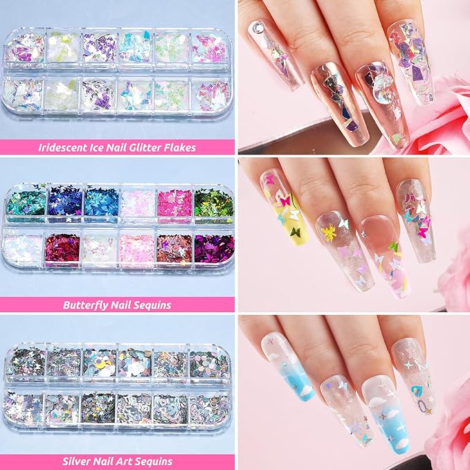 Nail Art Kit for Beginners with Nail Brushes Set and Dotting Tools, Jumbo Holographic Glitter Sequins Assorted Heart Star Maple Leaf Glitter Flakes Colorful Striping Tape with Tweezers (02-Pink)