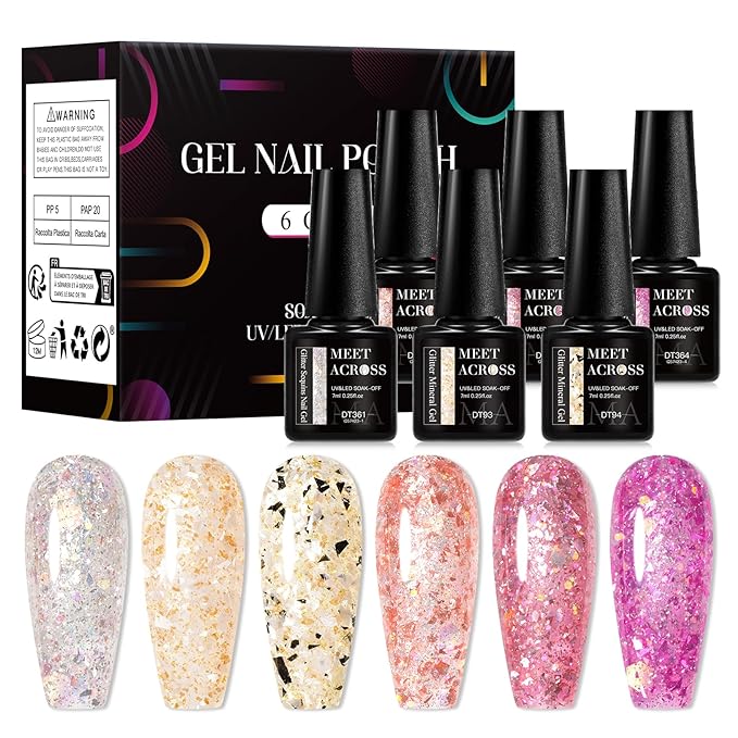 MEET ACROSS Gel Nail Polish Set 6 Pcs Glitter Colors Gel Nail Kit Art Design Soak Off UV LED (SET-6, 6pcs)