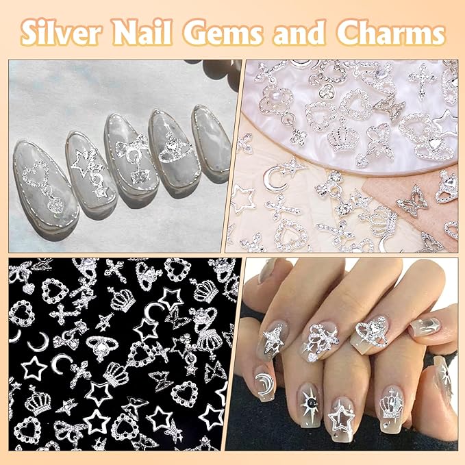 100 Pcs Silver Nail Charms and Gems, Silver Dangle Star Bows Nail Gems Charms, Metal Crown Heart Butterfly Charms for Acrylic Nail Art Alloy Cross Nail Charms for Women DIY Accessories