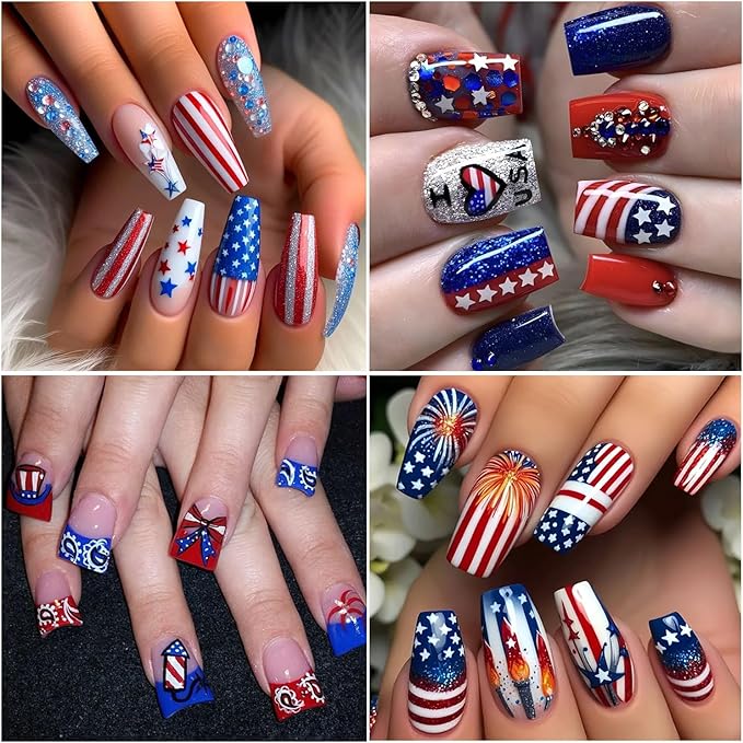 6pcs 4th of July Nail Stickers 3D Nail Decals Independence Day Nail Art Sticker for USA Flags Heart Star Stripe Letters Fireworks Nails Design Adhesive Sticker Patriotic Manicure Decorations for Women