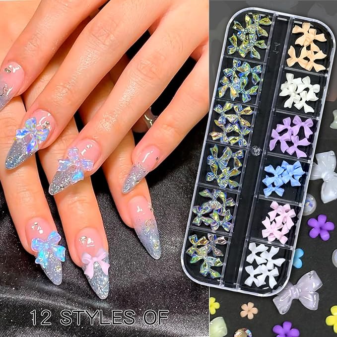 HNUIX Nail Art Charms - 3D Multiple Shapes Size, Flatback Rhinestones and Gems, Pearls, Butterfly, Bow, Flowers, Caviar Beads, with Kit, 6 Boxes, for Nail Art