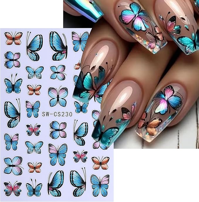 Flower Stickers Nail Art Decals 12PCS Summer Nail Art Designs with Tweezers Tulip Butterfly Leaf Florals Ladybug Decals 3D Self-Adhesive Manicure Simple Nail Stickers for Women Acrylic Nails Supplies