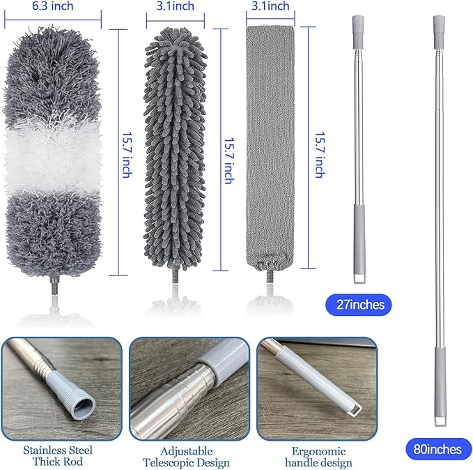 Retractable Gap Dust Cleaner, Feather Duster Set & 27-80 inch Extendable Long Handle, Retractable Duster Brush for Cleaning Under Appliances Sofa Couch Bed Refrigerator Furniture