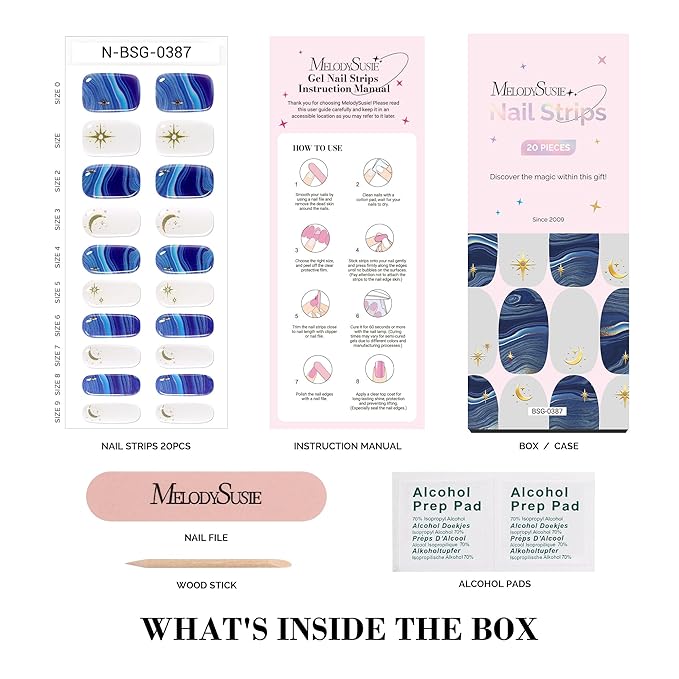 MelodySusie Semi Cured Gel Nail Strips (Starry Night), 20 PCS Stars Gel Nail Stickers, Deep Blue Gel Nail Wraps, UV Light Required, Durable and Salon Quality