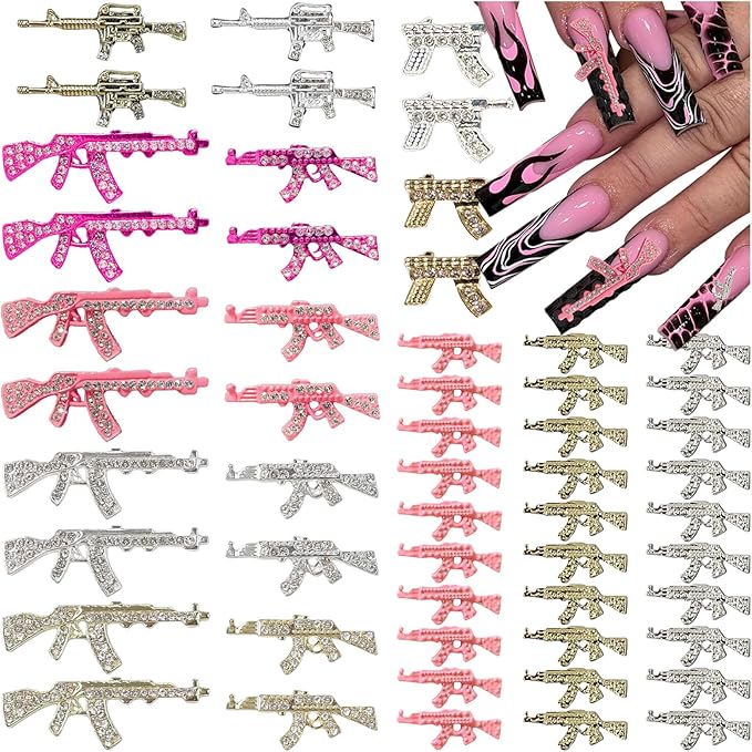 54PCS Gun 3D Nail Charms for Acrylic Nails, Gold Silver Pink Alloy Nail Gems Gun Nail Accessories, Nail Rhinestones for Nail Art Supplies Manicure Craft DIY, Medium