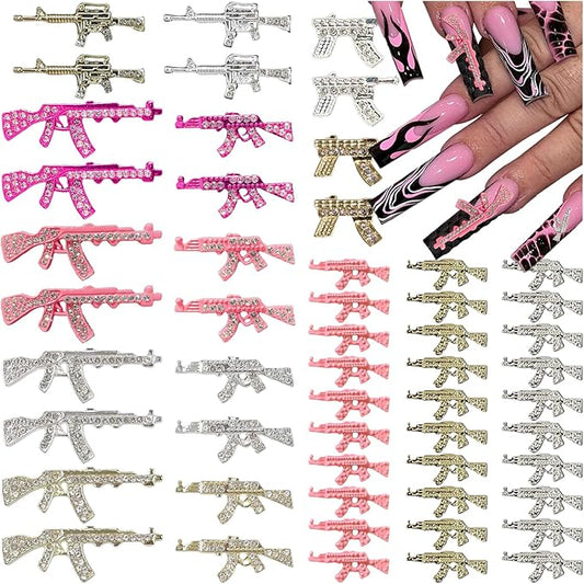 54PCS Gun 3D Nail Charms for Acrylic Nails, Gold Silver Pink Alloy Nail Gems Gun Nail Accessories, Nail Rhinestones for Nail Art Supplies Manicure Craft DIY, Medium