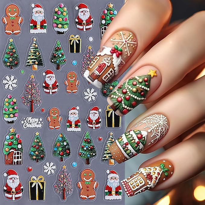 4 Sheets Christmas Nail Art Stickers Decals 5D Micro Embossed Nail Stickers for Nail Art Snowman Snowflakes Christmas Tree Cute Santa Claus Nail Decor Supplies Holiday Manicure Accessories for Women