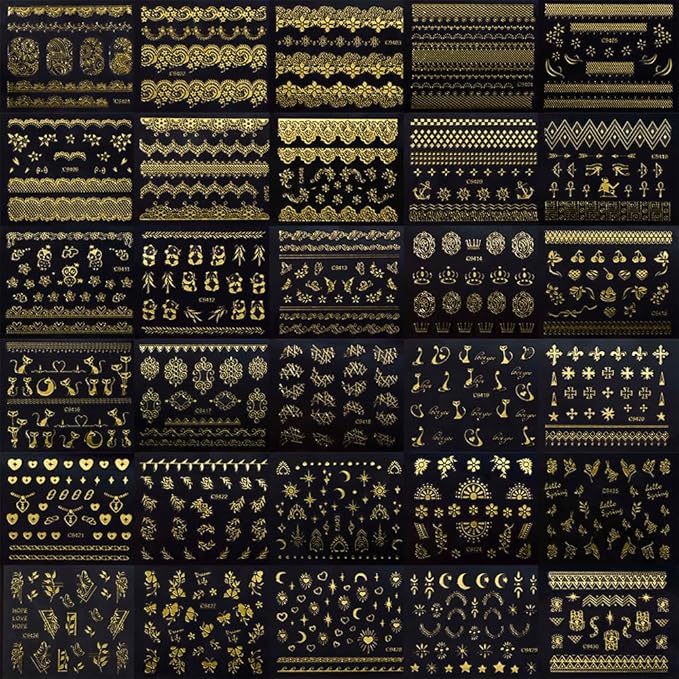 30 Sheets Gold Nail Art Stickers 3D Self-Adhesive Gold Lace Cat Flower Star Moon Heart Nail Decals 3D Gold Retro Hollow Nail Stickers Nail Art Design for Women DIY Acrylic Nails Decoration