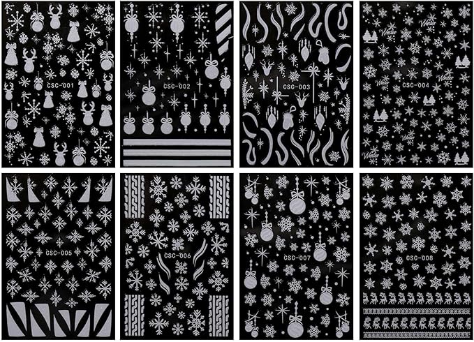 JMEOWIO 8 Sheets Christmas Glitter Nail Art Stickers Decals Self-Adhesive Cute Snowflake Winter Holiday White Nail Supplies Nail Art Design Decoration Accessories