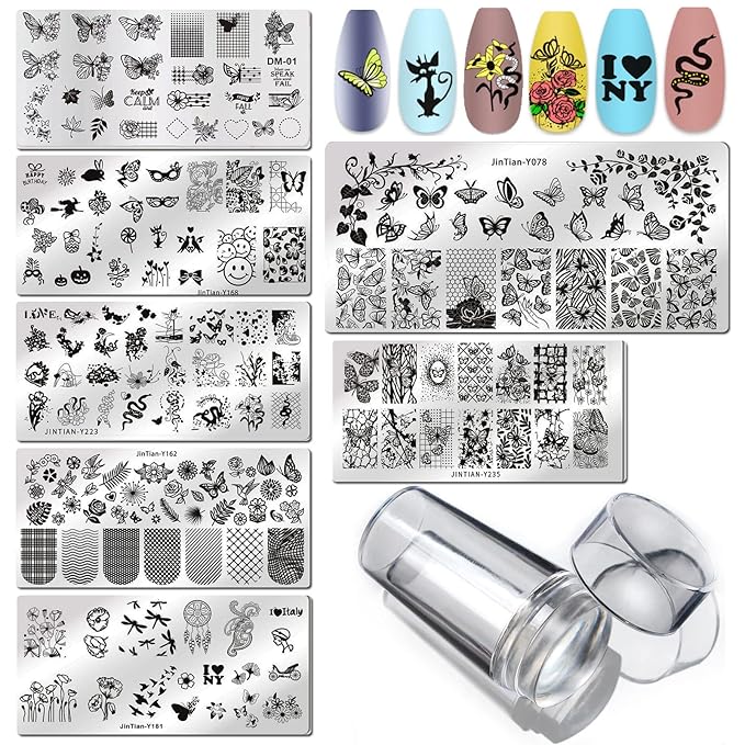 LoveOurHome Nail Stamping Plate Kit Flower Butterfly Lace Animal Fingernails Template Stencil Stamps Plate Silicone Stamper Scraper Manicure Design Tools Set (Butterfly)