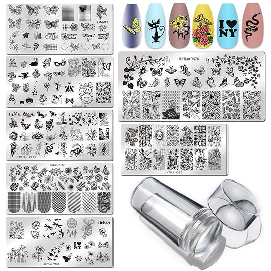 LoveOurHome Nail Stamping Plate Kit Flower Butterfly Lace Animal Fingernails Template Stencil Stamps Plate Silicone Stamper Scraper Manicure Design Tools Set (Butterfly)