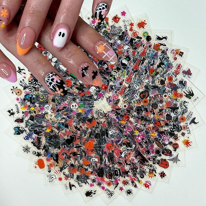 30 Sheets Halloween Nail Stickers Pumpkin Ghost Nail Decals 3D Self-Adhesive Bat Spider Design Nails Art Stickers for Women Holiday Manicure DIY
