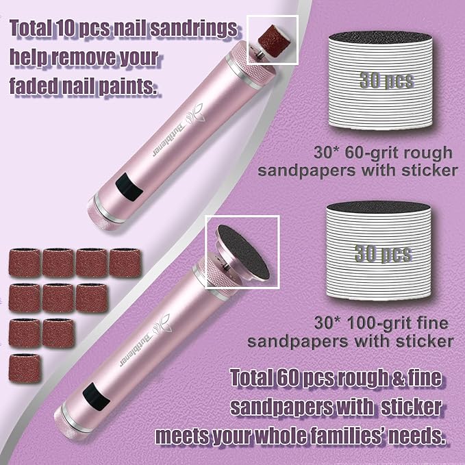 Electric Foot Callus Remover, Cordless Foot File Pedicure Tool, Foot Sander Nail Grinder with 60+10PCS Sandpapers for Dead Skin Dry Calluses, 3 in 1 Foot Scrubber & Nail File(Pink)