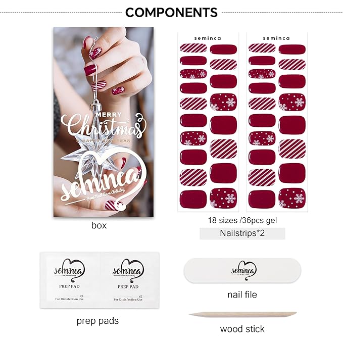 Semi Cured Gel Nail Strips-Works with Any UV/LED Lamps(Maroon Snowflake)
