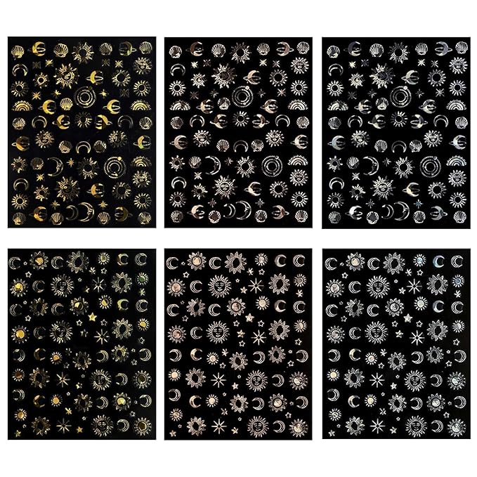 Gold Sun Nail Art Stickers - Sliver Moon Star Self-Adhesive 3D Nail Decals for DIY Golden Slivery Manicure (6 Sheets)