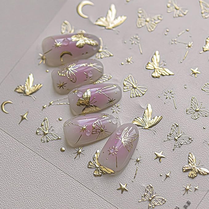 JMEOWIO 3D Embossed Gold Butterfly Nail Art Stickers Decals Self-Adhesive 5D Nail Supplies Nail Art Design Decoration Accessories 1 Sheets