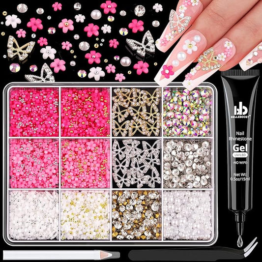 3D Nail Charms and Gems Set 2 with Rhinestone Glue, 20PCS Gold and Silver Chunky Butterfly Nail Charms, 3D Flowers for Nails, Flatback Crystals and Pearls + Diamonds + Picker Tool for Y2K Nail Decor