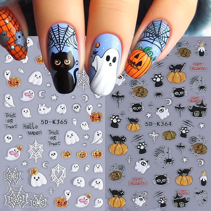 2Sheets Halloween Nail Art Stickers 5D Embossed Black Cat Spider Nail Decals for Acrylic Nails Self-Adhesive Cute Ghost Pumpkin Designs Nail Sticker Spider Web Skull Nail Decal for Women Nails Decor