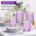 Qinyoung 24 Plastic Vintage Drinking Glasses 8.5oz Stemless Retro Embossed Wine - Image 7