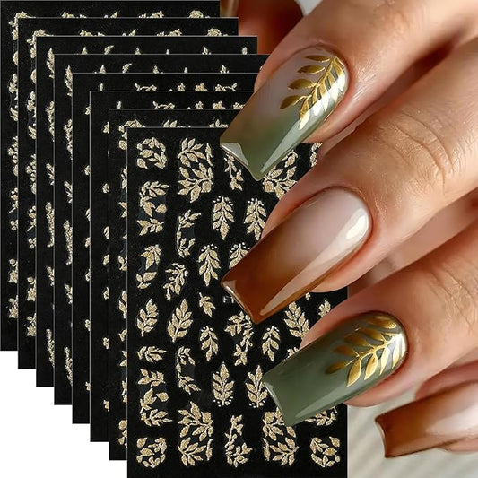 8Pcs Fall Nail Art Stickers, Gold Maple Leaves Nail Decals 3D Self-Adhesive Gold Fall Leaves Nails Stickers Glitter Nail Art Supplies for Women Nail Decoration