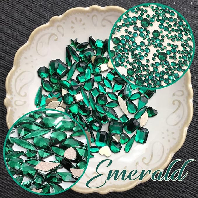 4080Pcs Emerald Green Nail Rhinestones K9 Glass Crystal Flat Back Rhinestones Nail Charms Stones Multi Shapes Big Gems Round Beads Nail Art Diamonds jewels for Nails Face Eyes Makeup Crafts DIY